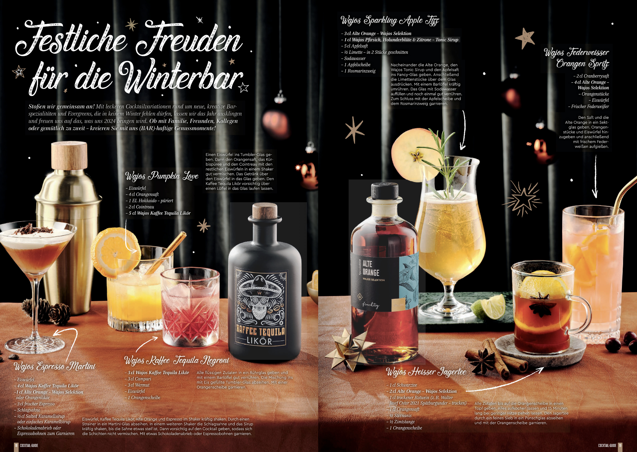 Screenshot aus Wajos Magazin, Winter 2023, Verschiedene Cocktails in weihnachtlichem Ambiente