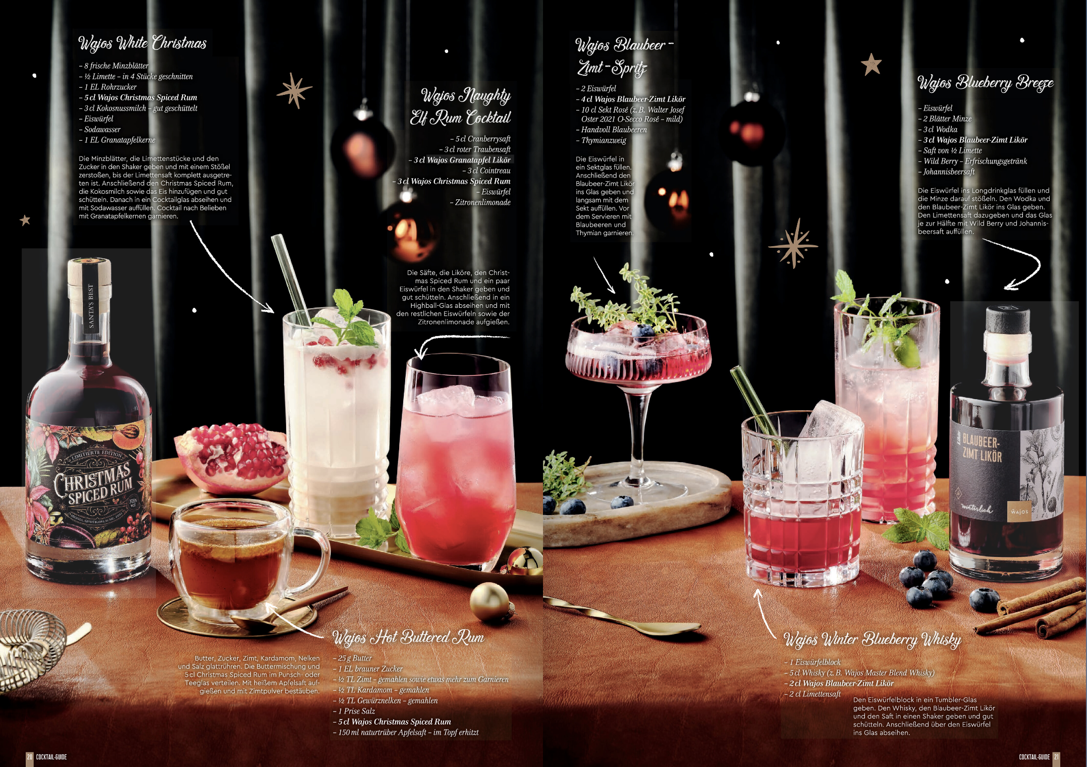 Screenshot aus Wajos Magazin, Winter 2023, Verschiedene Cocktails in weihnachtlichem Ambiente